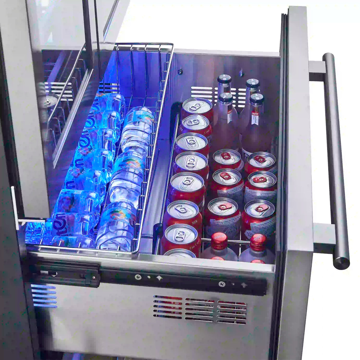 Wine cooler drawer interior with blue LED lighting and arranged cans and bottles.