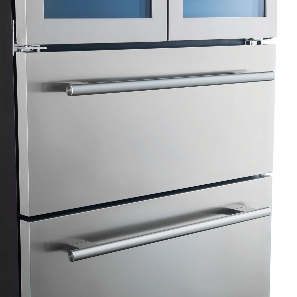 Stainless steel wine cooler drawer front with two recessed metal pull handles.