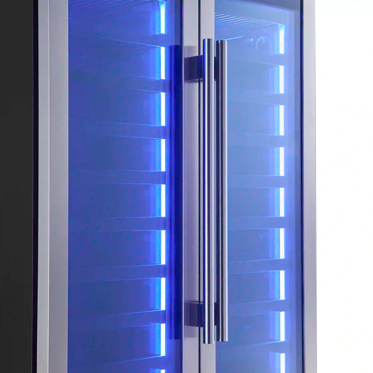 Wine cooler door handle view with blue-lit interior racks behind glass.