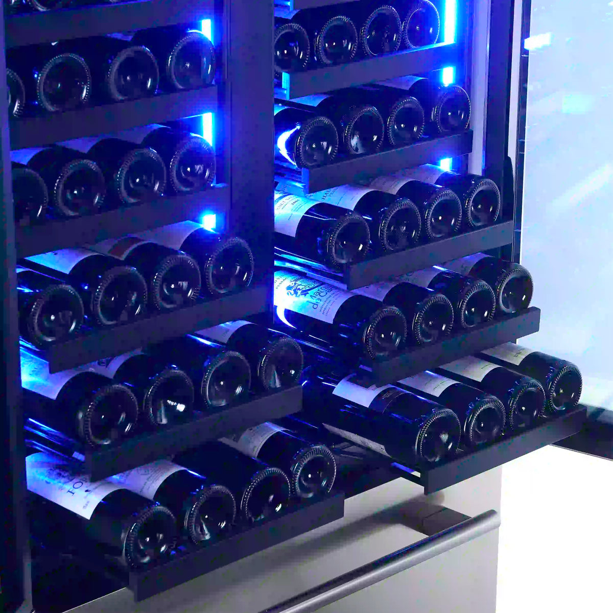 Wine cooler interior with blue LED lighting and multiple bottle storage racks.