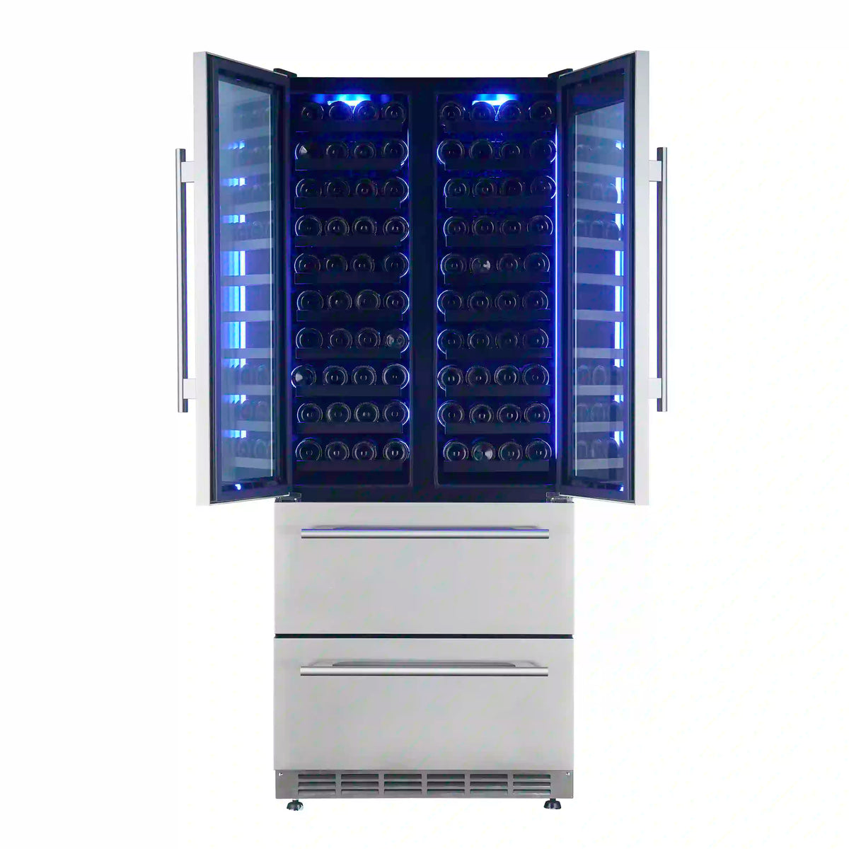 Wine cooler drawer with open door and blue interior light, stacked bottle racks.