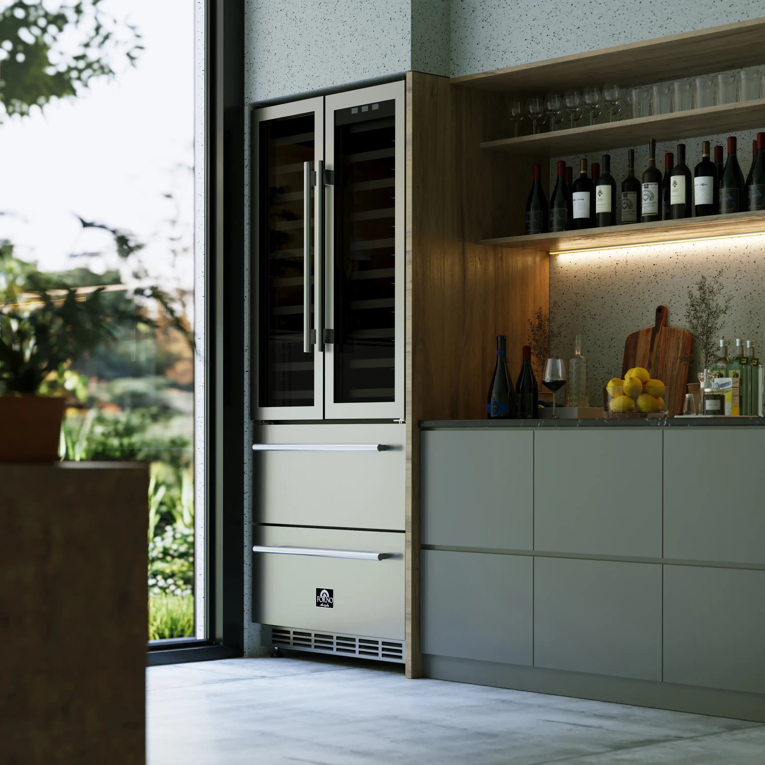 Stainless steel wine cooler drawer with glass-front door, integrated into cabinetry.