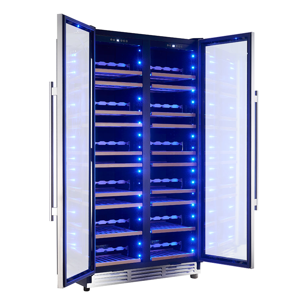 Open wine cooler with blue LED lighting, glass doors, and wooden bottle racks