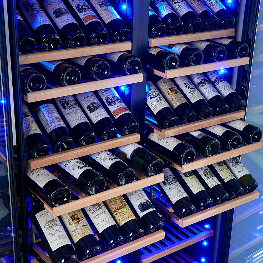 Wine cooler shelves with wooden rack supports and bottles lined in rows
