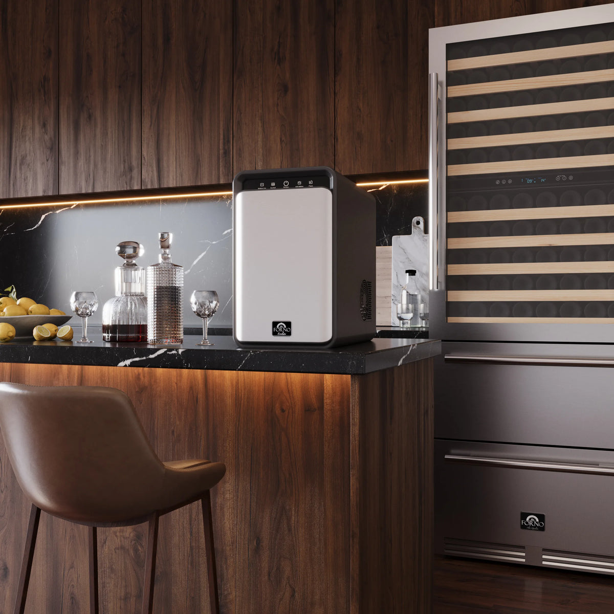 Forno 30-Inch 144-Bottle Dual Zone Wine Cooler & Refrigerator Drawer in Stainless Steel shown in a styled kitchen