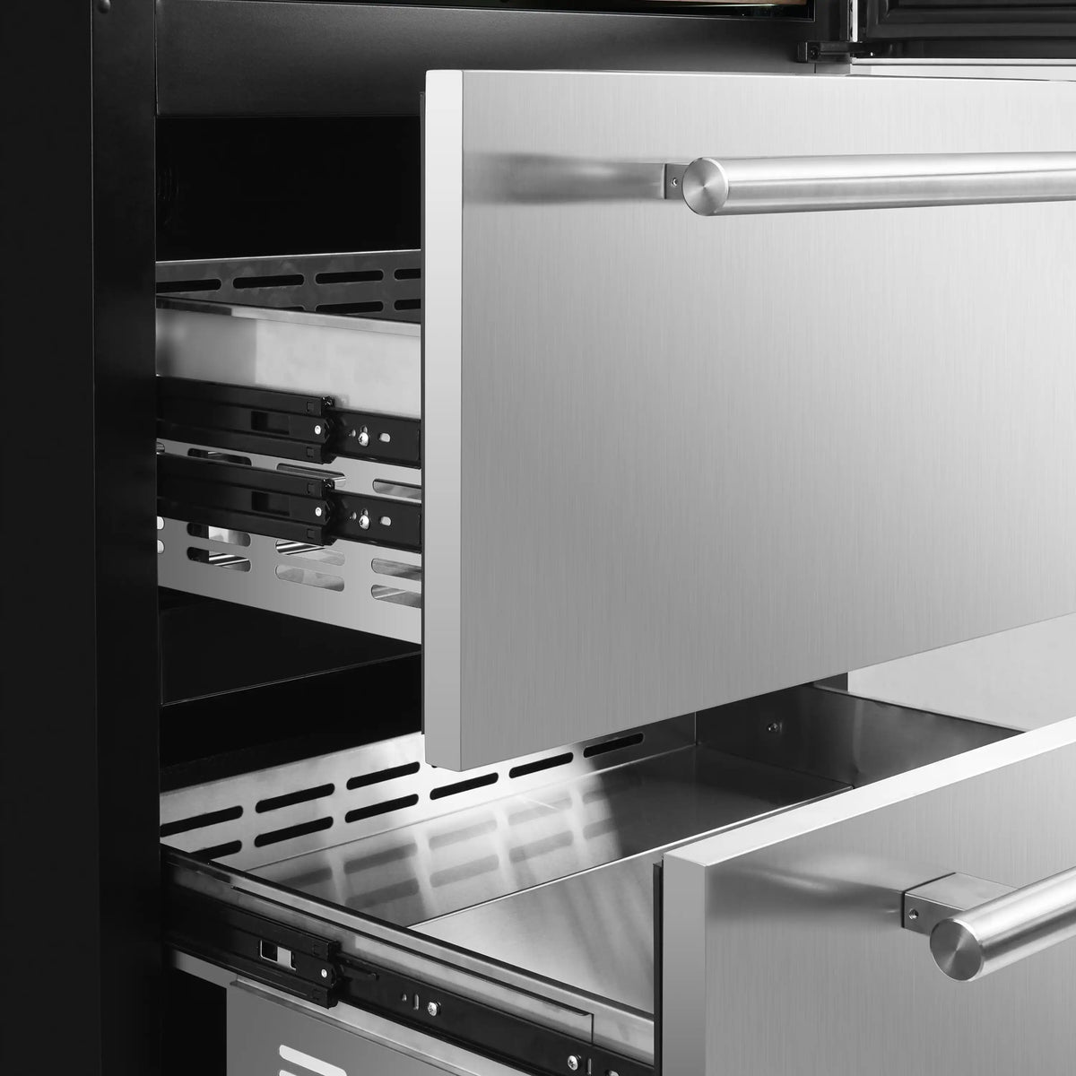 Open dual-zone wine cooler interior with stainless shelves and pull-out bottle racks