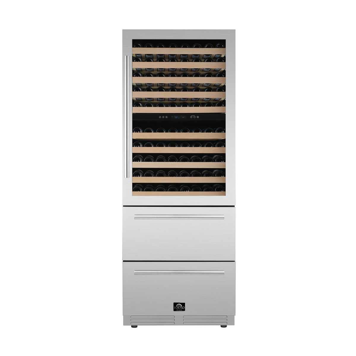 White dual-zone wine cooler front view with glass door and lower storage drawers