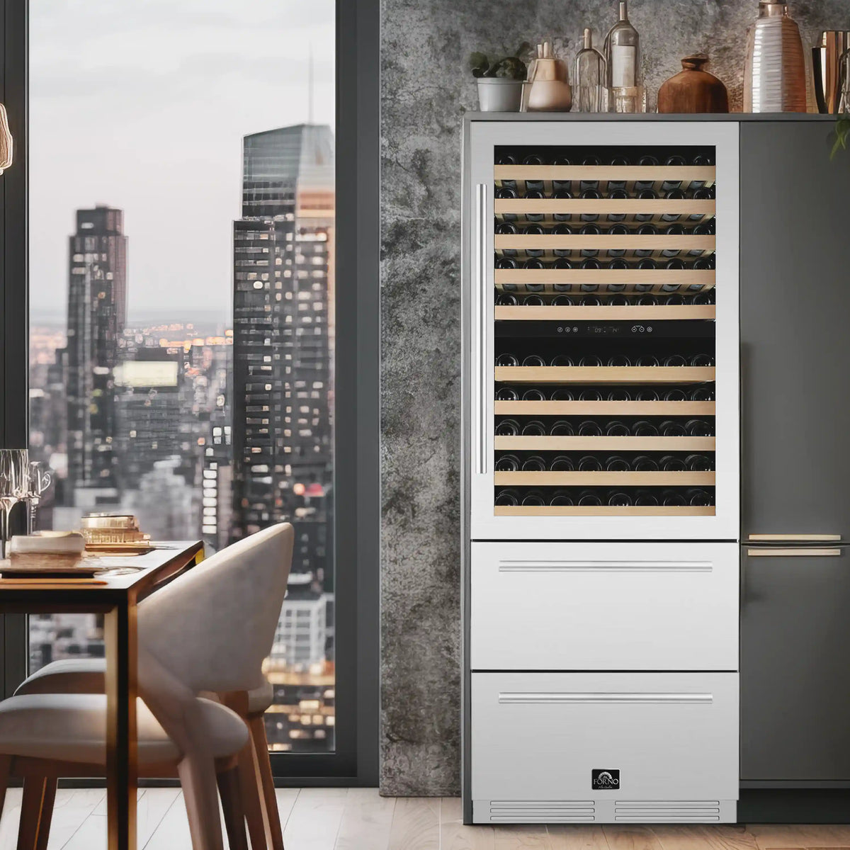 White dual-zone wine and beverage cooler with glass door and lower drawers, freestanding unit