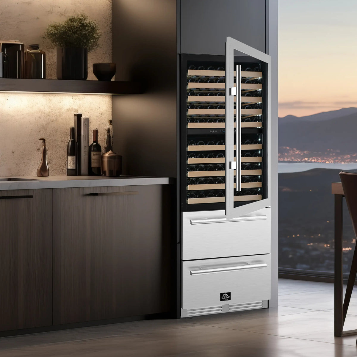 White dual-zone wine cooler with open door showing glass wine racks and lower drawers