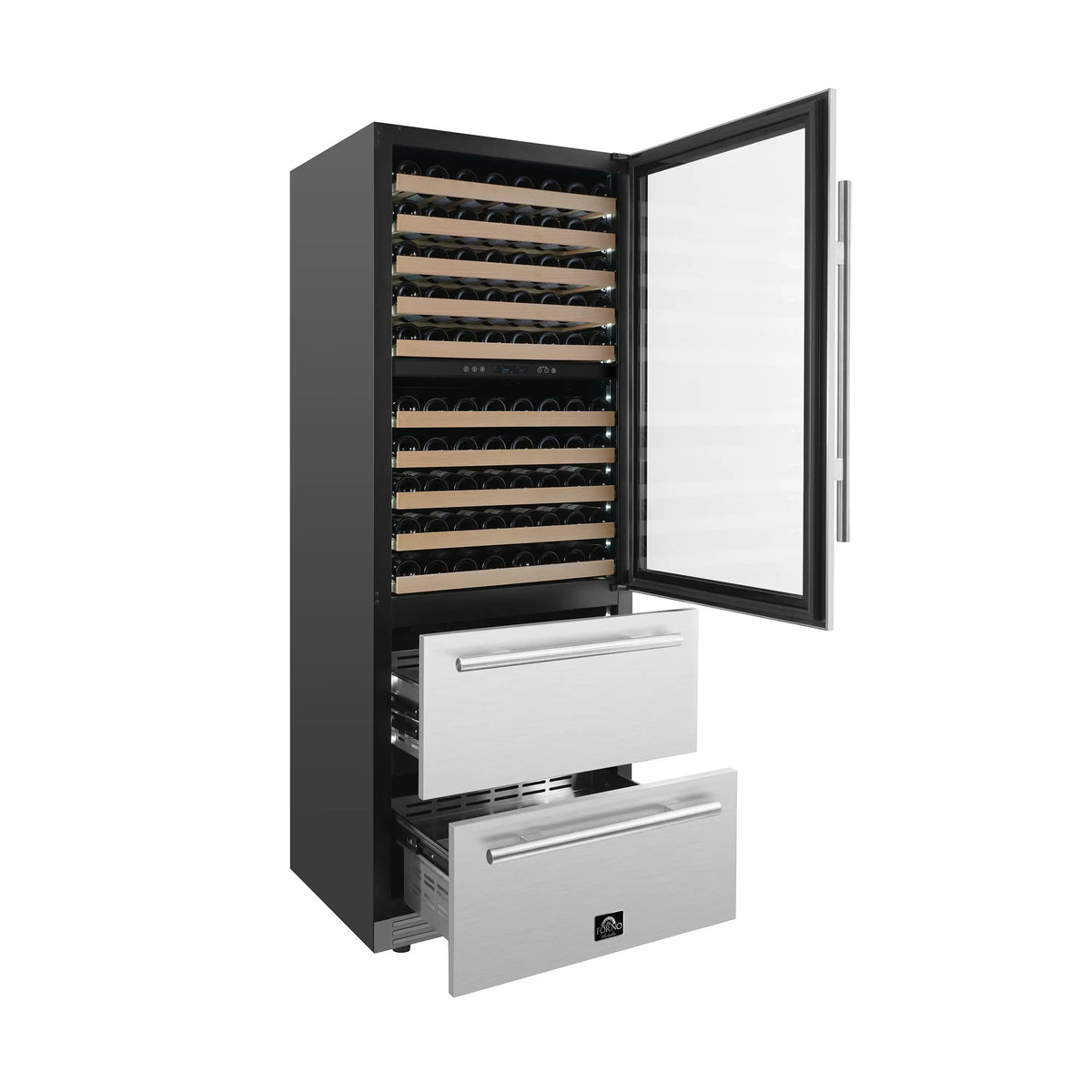 Dual-zone wine cellar with open glass door, lit wine racks and stainless drawer fronts