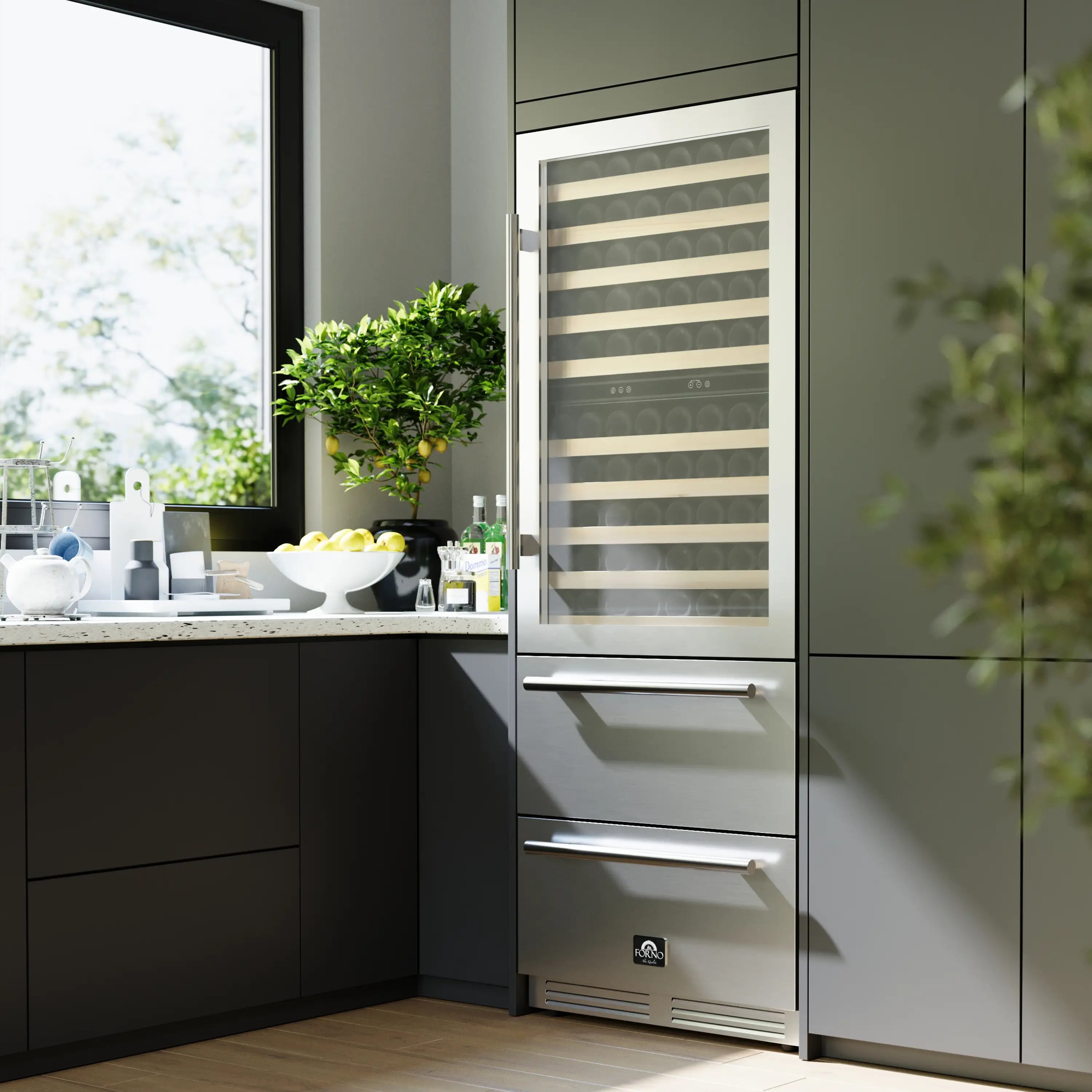 White dual-zone wine cooler with door open, revealing glass wine racks and lower drawers