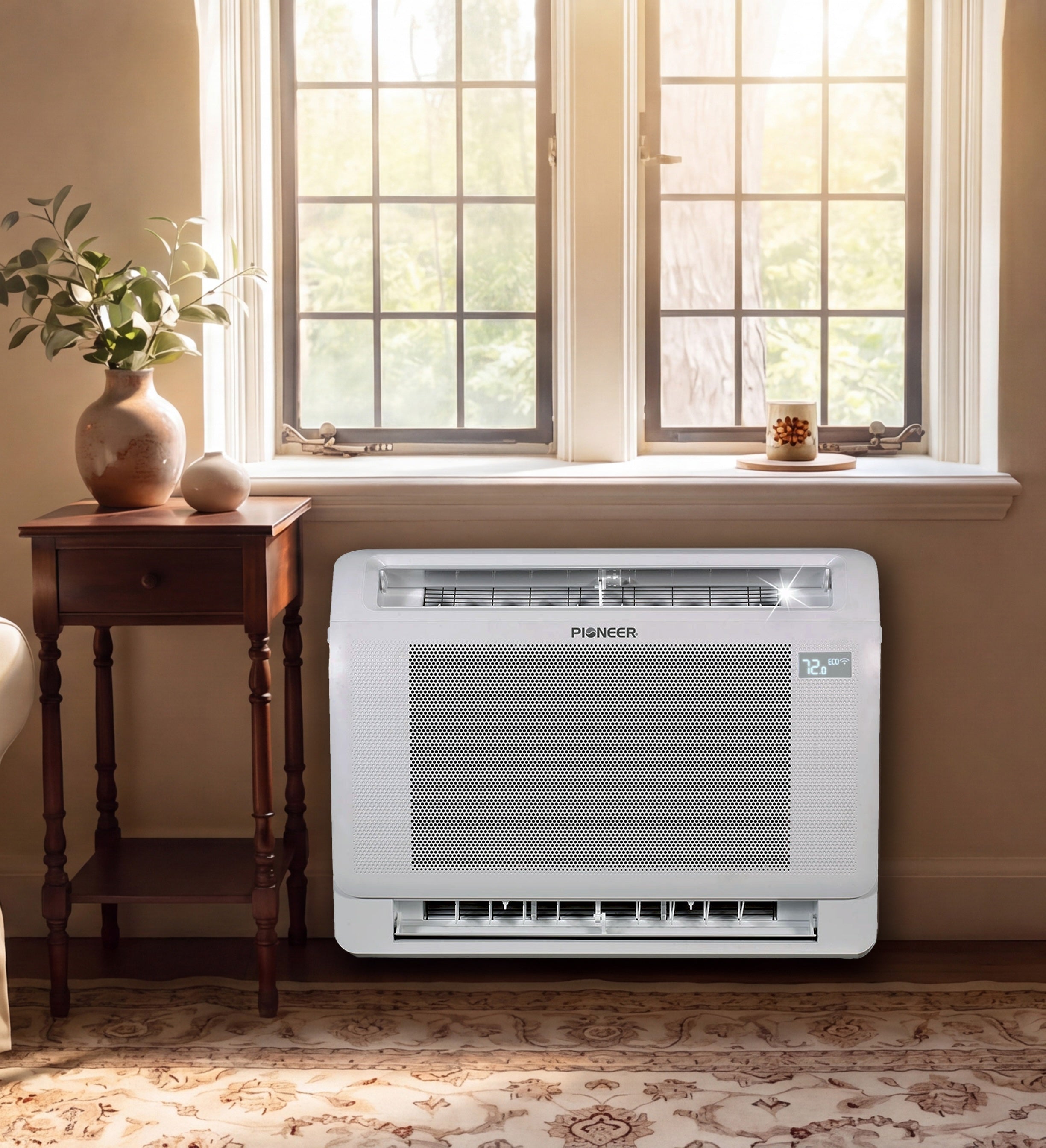 White console ductless mini-split air conditioner with front grille and small display