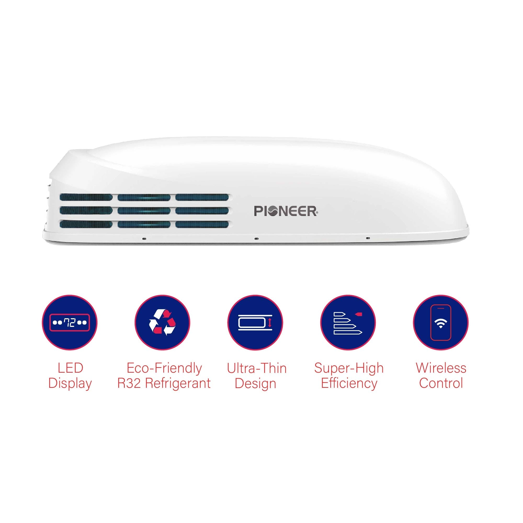 White Pioneer rooftop RV air conditioner with vented side and feature icons