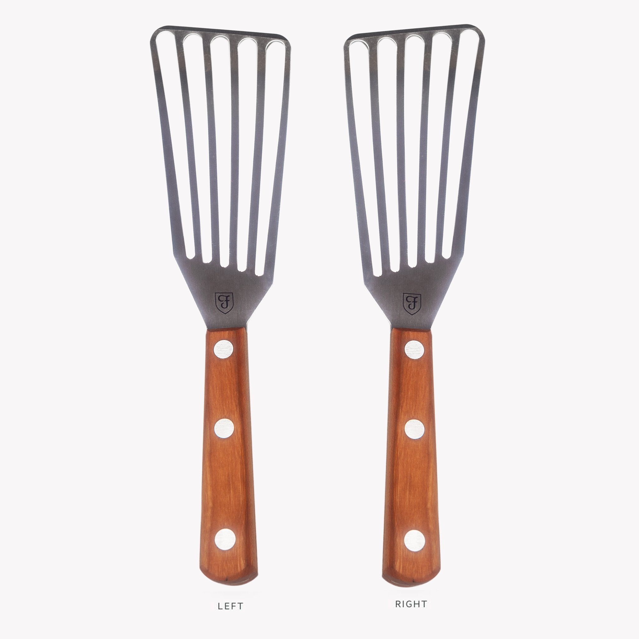 Pair of left and right slotted turners with wood handles