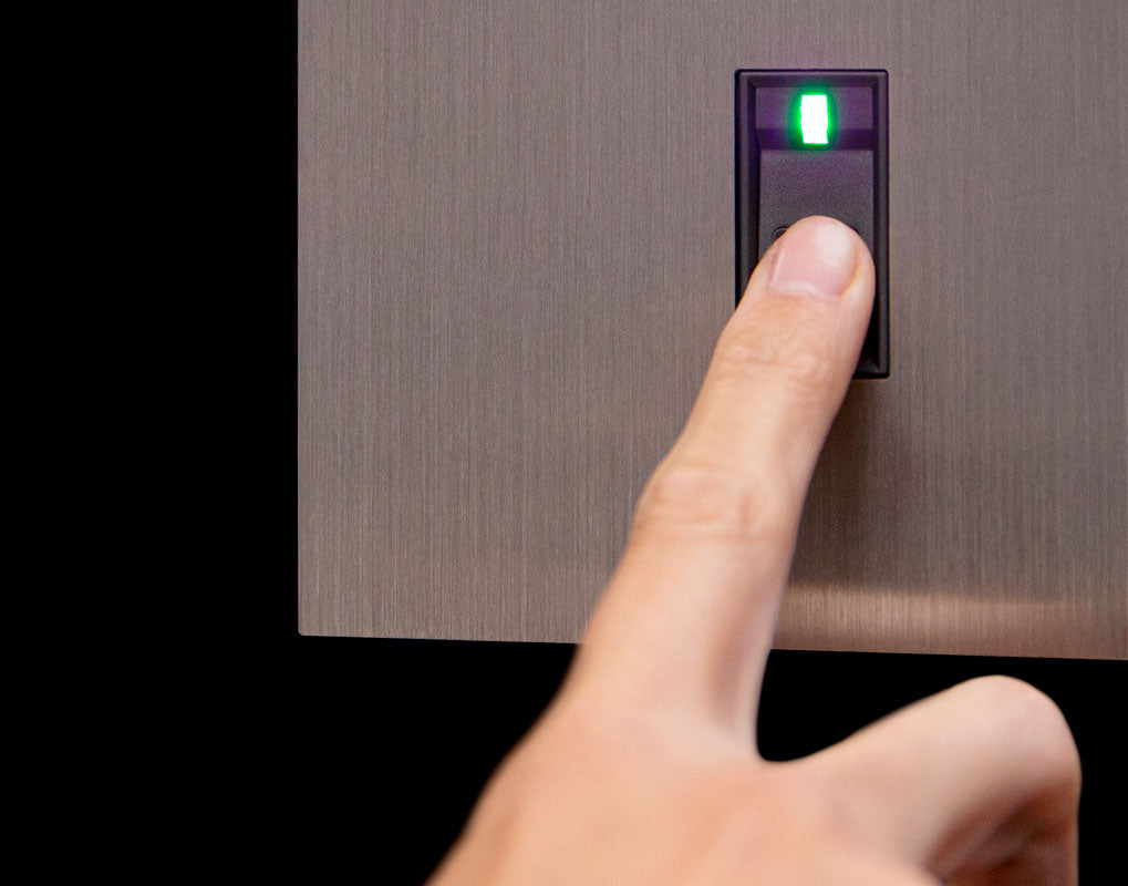 Titanium video door station fingerprint reader with illuminated status display and button