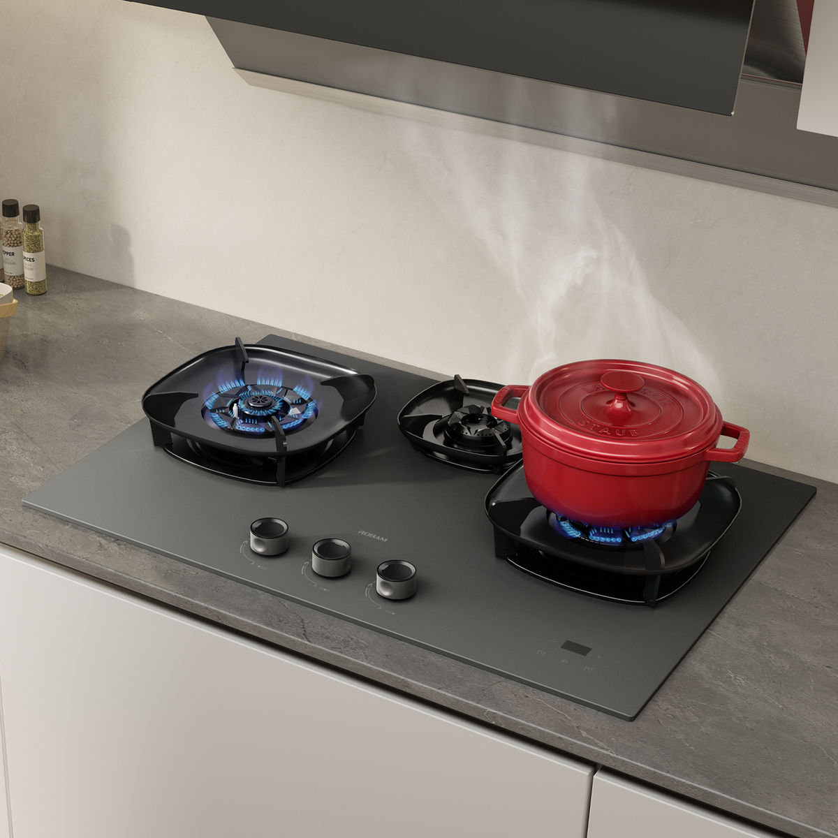 ROBAM FireCube 30-Inch Gas Cooktop with 3 Burners in Black Tempered Glass (7B7H30/7B7H31)