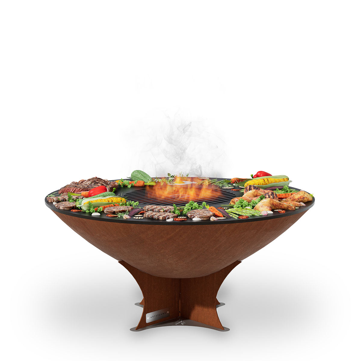 Brown fire pit with cooktop and steaming grill grate, low-angle view