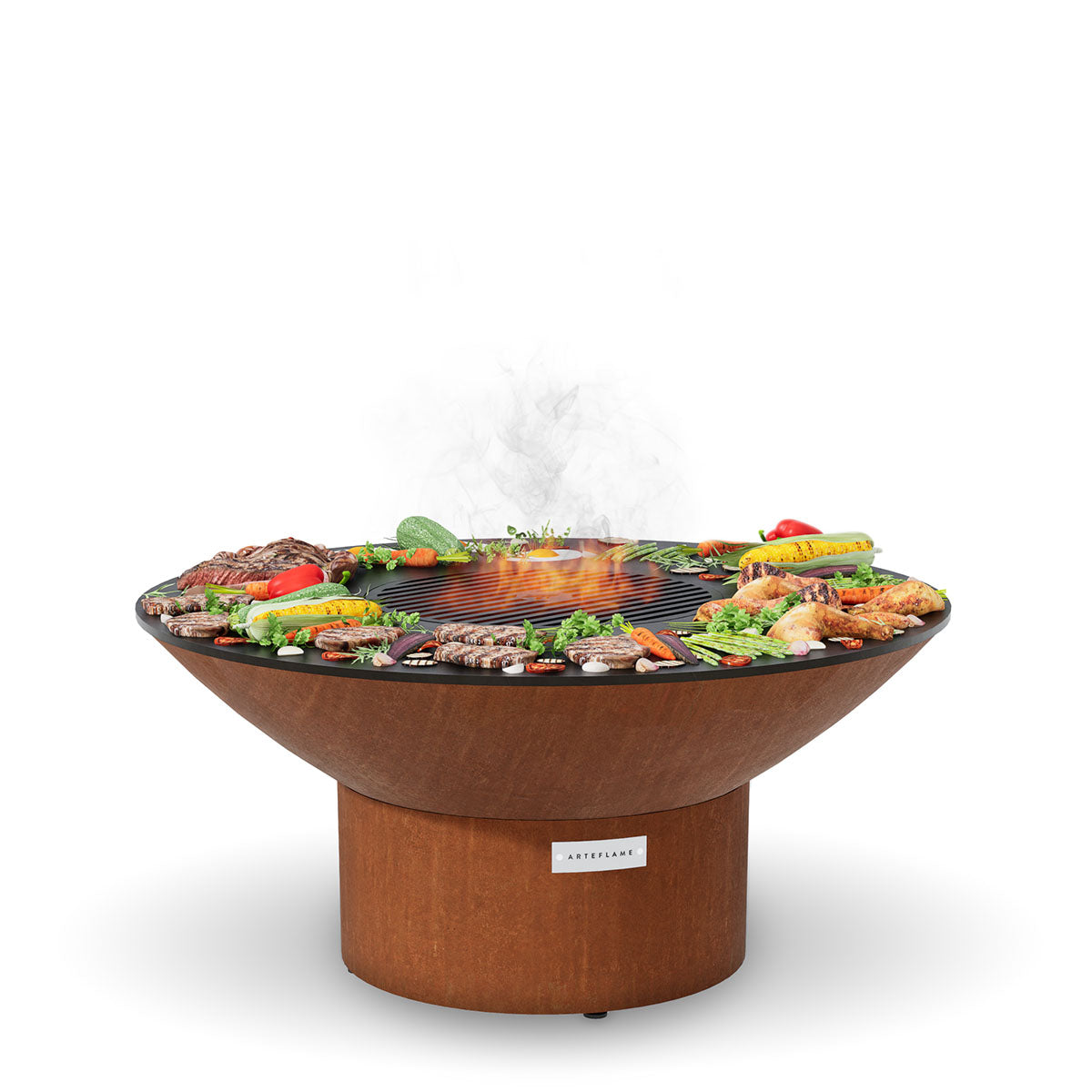 Brown fire pit with cooktop showing smoke and assorted grilled foods on the grate