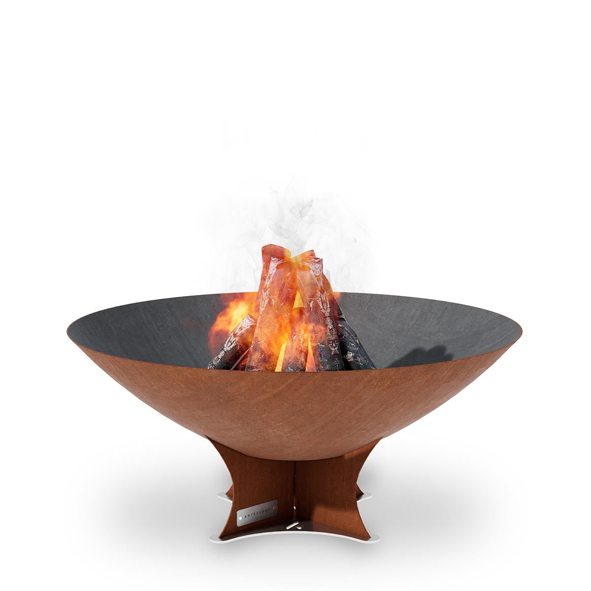 Bronze wood burning fire pit bowl on pedestal base, flame and burning logs