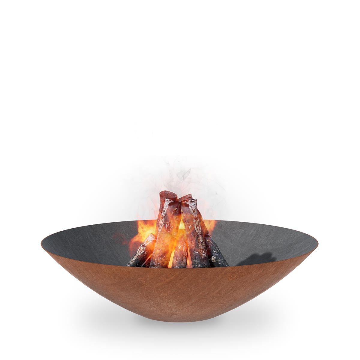 Wood burning fire pit with bronze bowl and open flame with burning logs