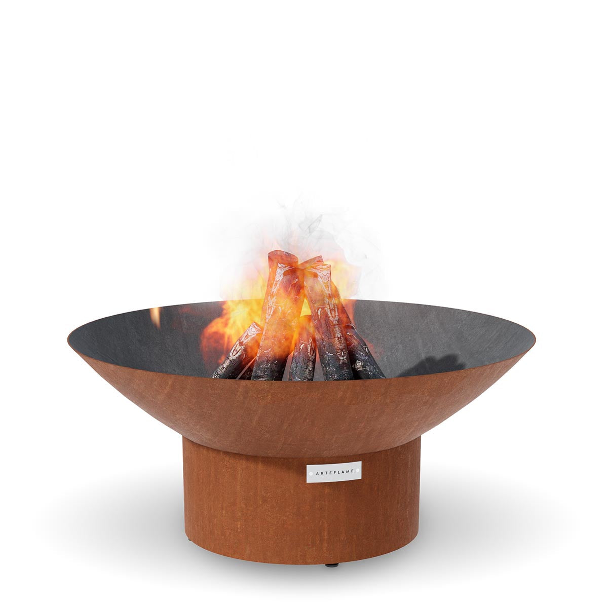 Bronze round fire pit base with logo label, black bowl, burning logs and flames