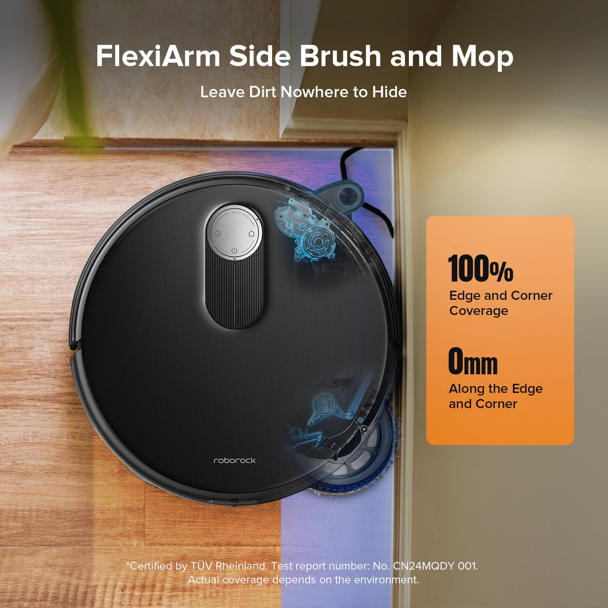 Robot vacuum with side brush and mop head on hardwood for edge and corner cleaning