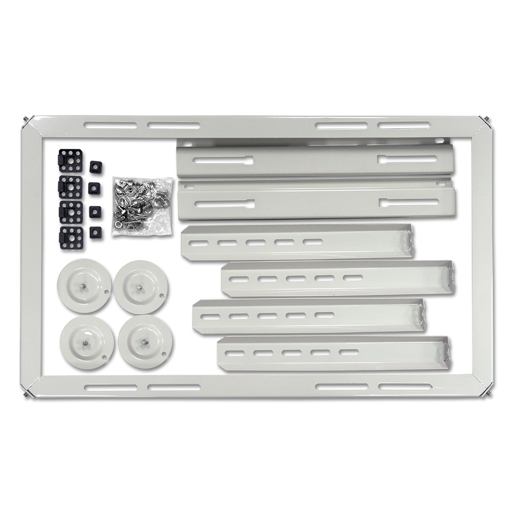 Installation parts kit: gray mounting rails, brackets, washers, and screws for floor bracket