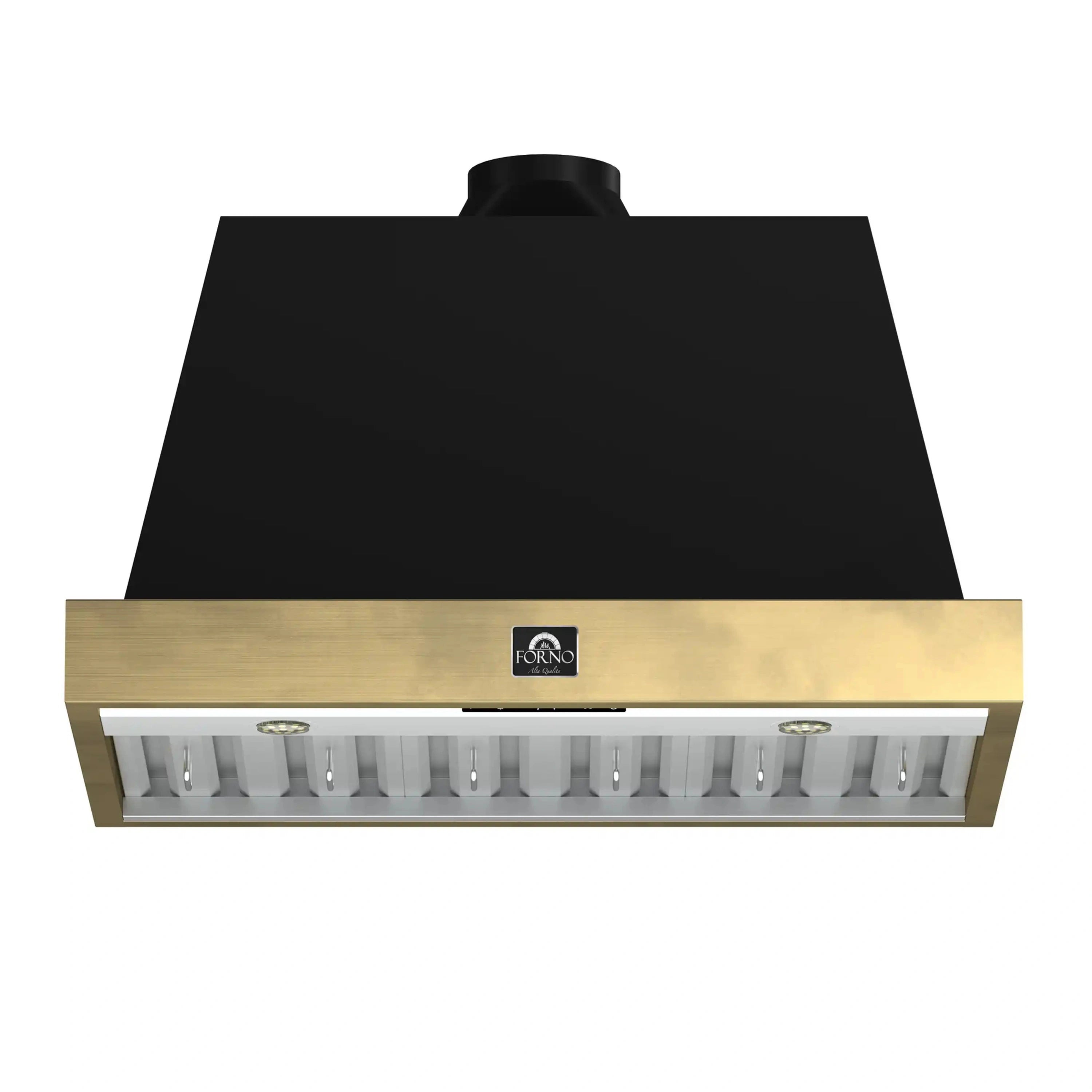 Wall mount range hood front view with black canopy and antique brass trim with vents.