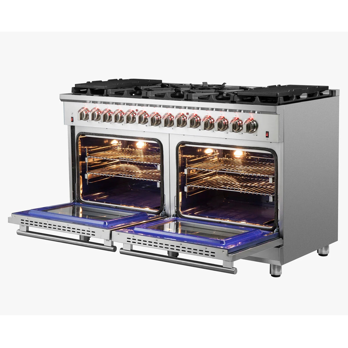 Dual fuel range with open ovens, stainless steel exterior and gas burners on top