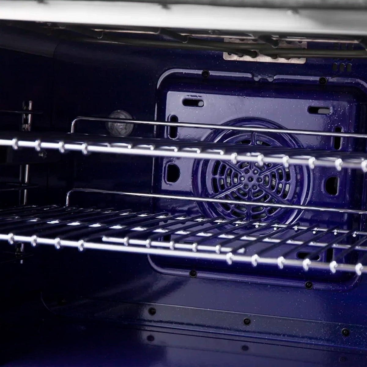 Oven cavity with blue enamel floor, wire racks, and removable broil components