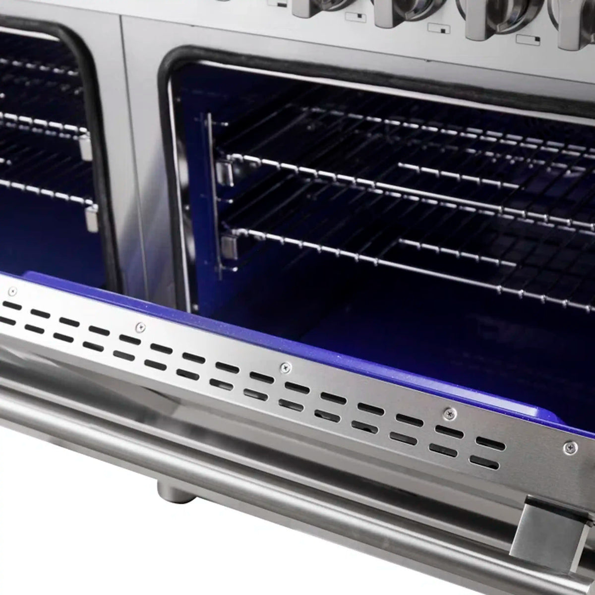 Dual fuel range oven lower door with vented metal panel and wire rack