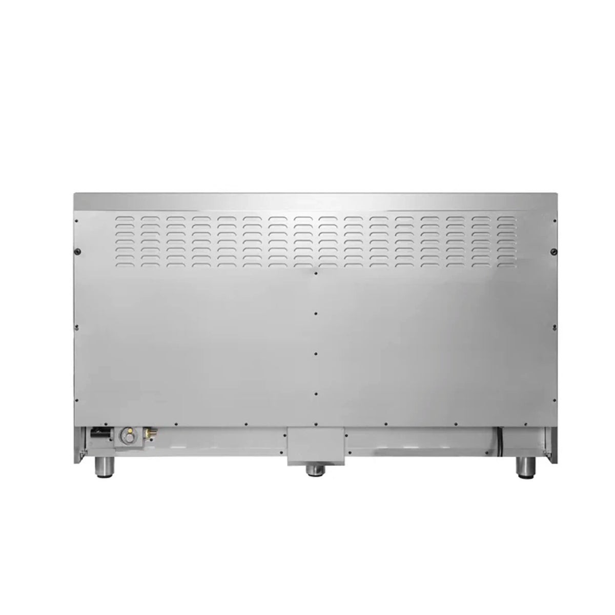 Dual fuel range rear vented metal panel with mounting feet