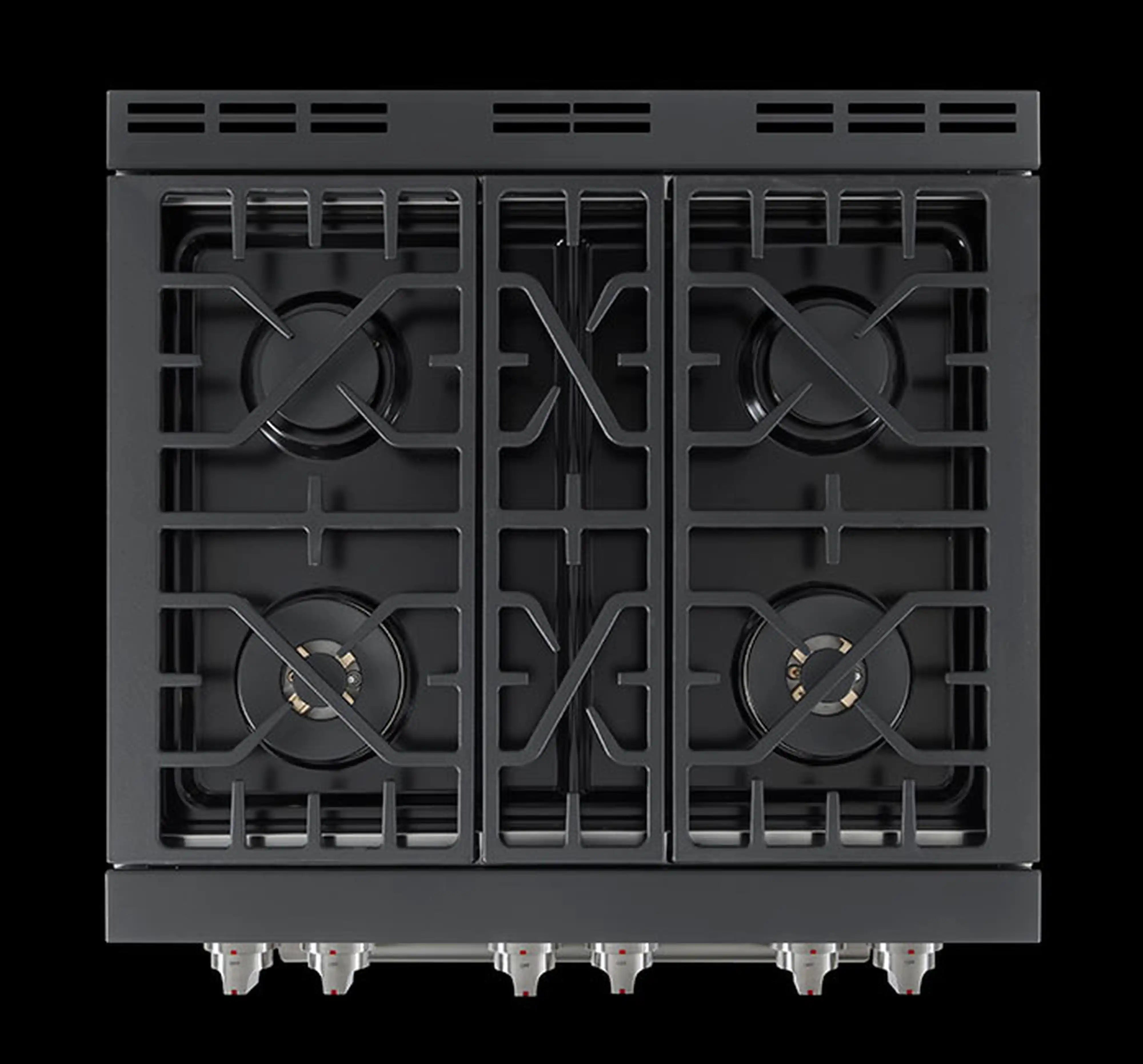 Stainless steel all-gas cooktop with four burner grates and center griddle bridge