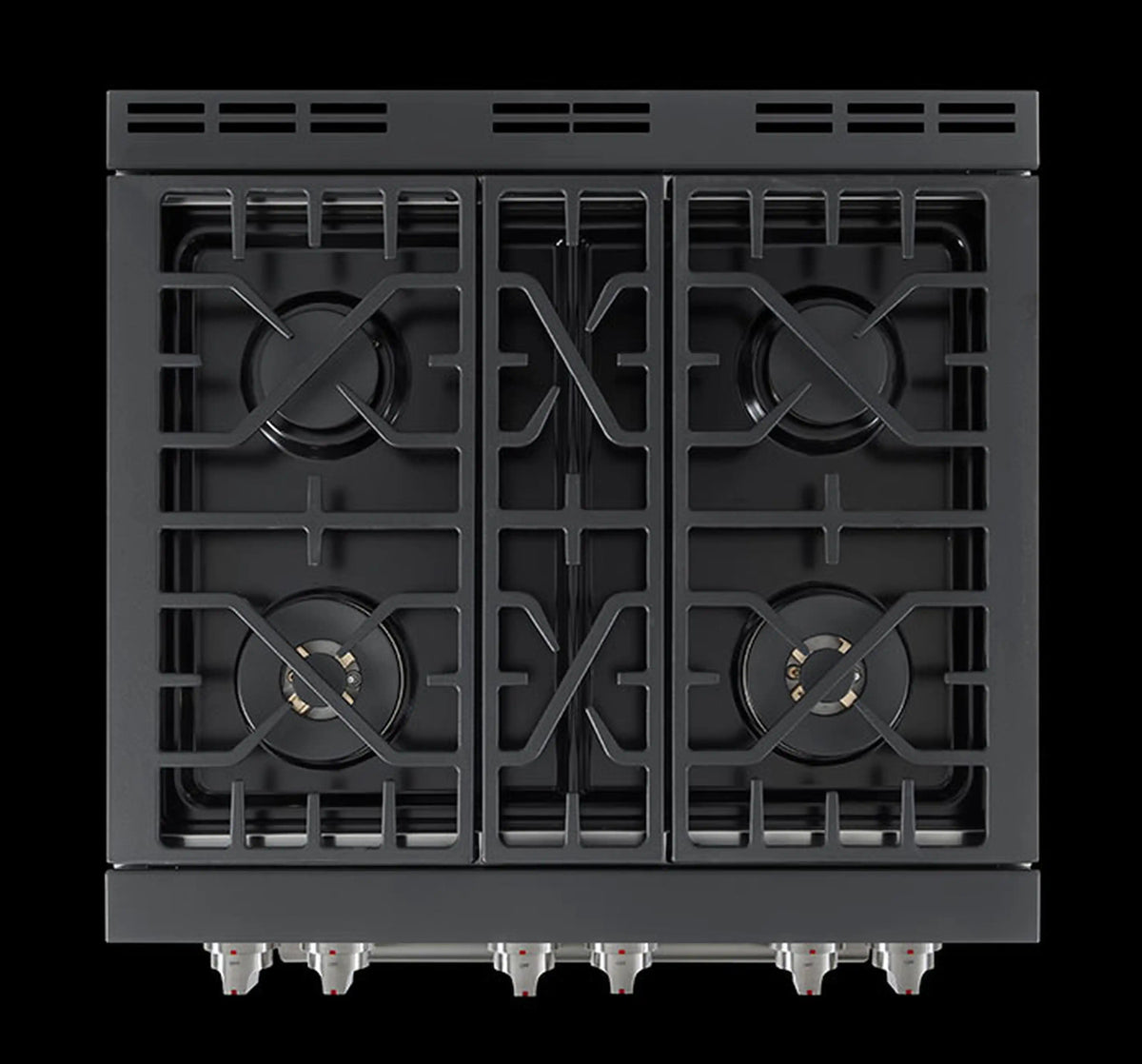 Gas cooktop with black grates and central burner grates on stainless range