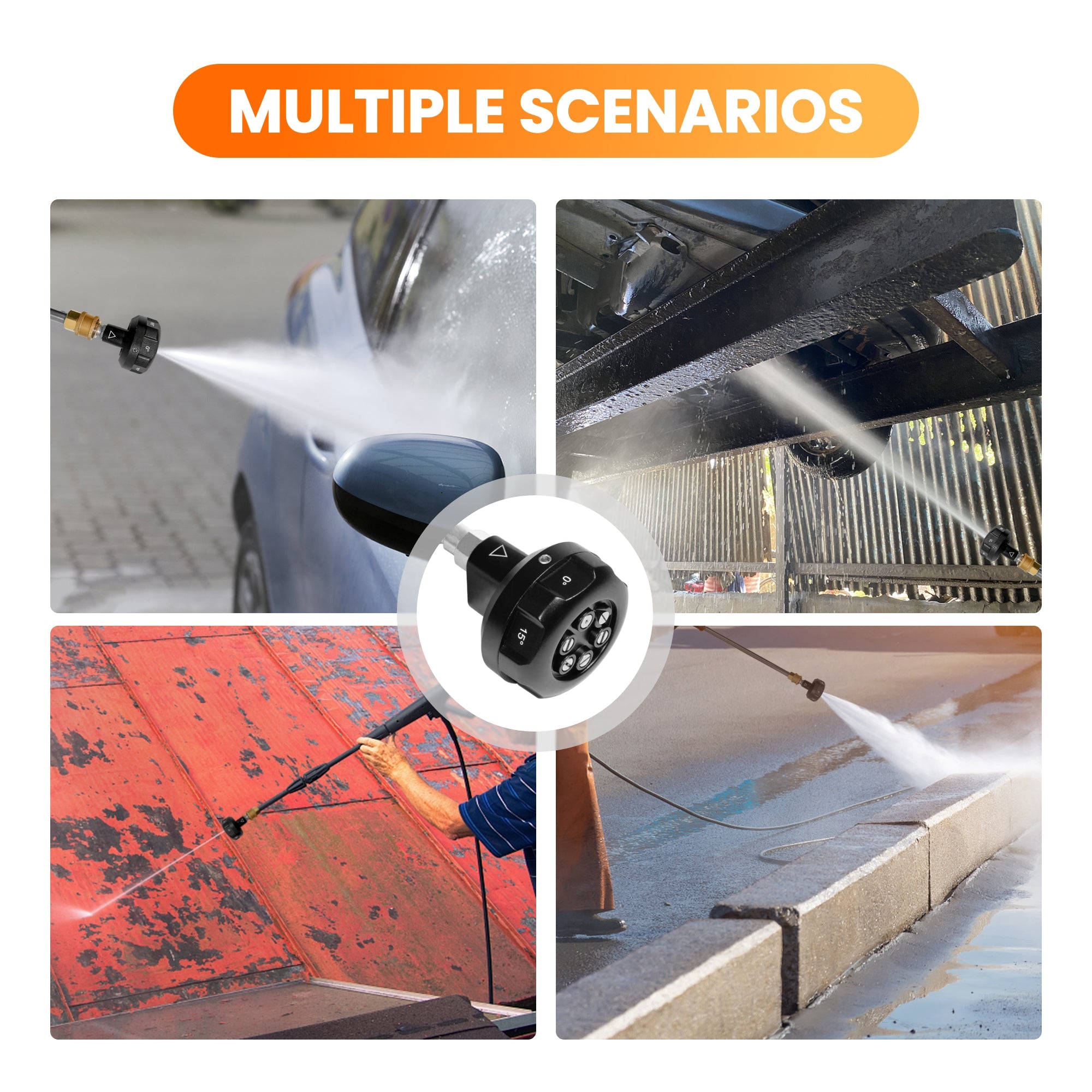 Black pressure washer spray nozzle with round rotating selector and angle settings.