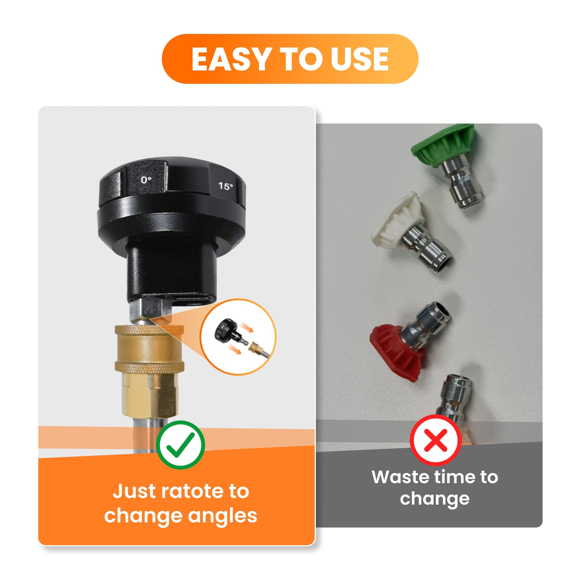 Black rotating pressure washer spray nozzle shown with quick-connect stem.
