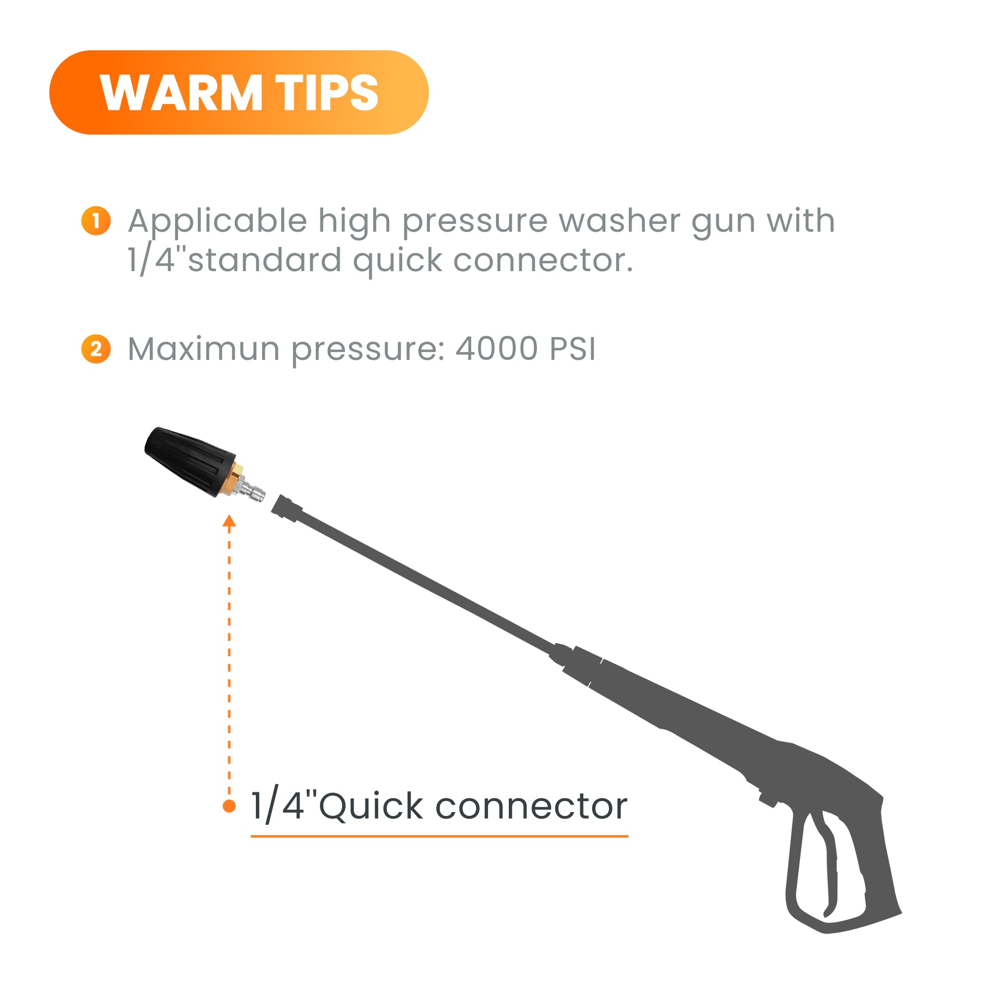 Turbo nozzle attached to pressure washer wand, black tip with 1/4 quick connector.