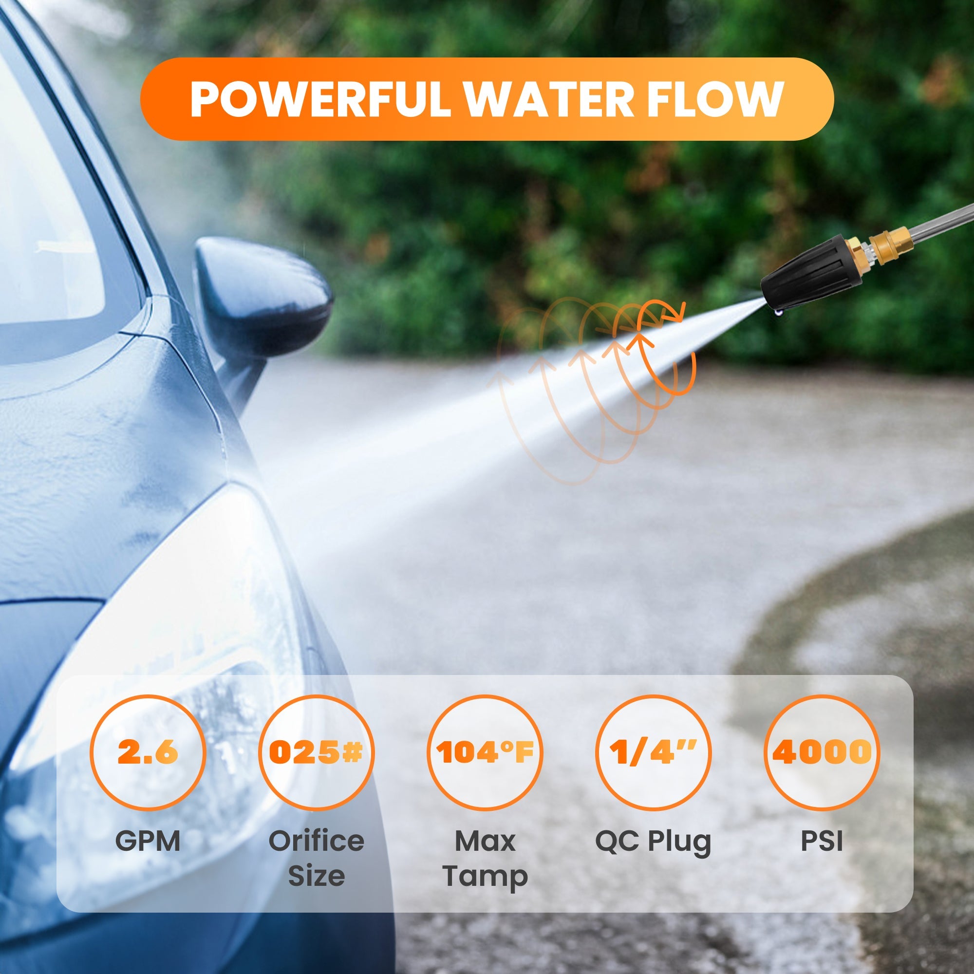 Turbo nozzle with 1/4 quick connector spraying high-pressure mist.