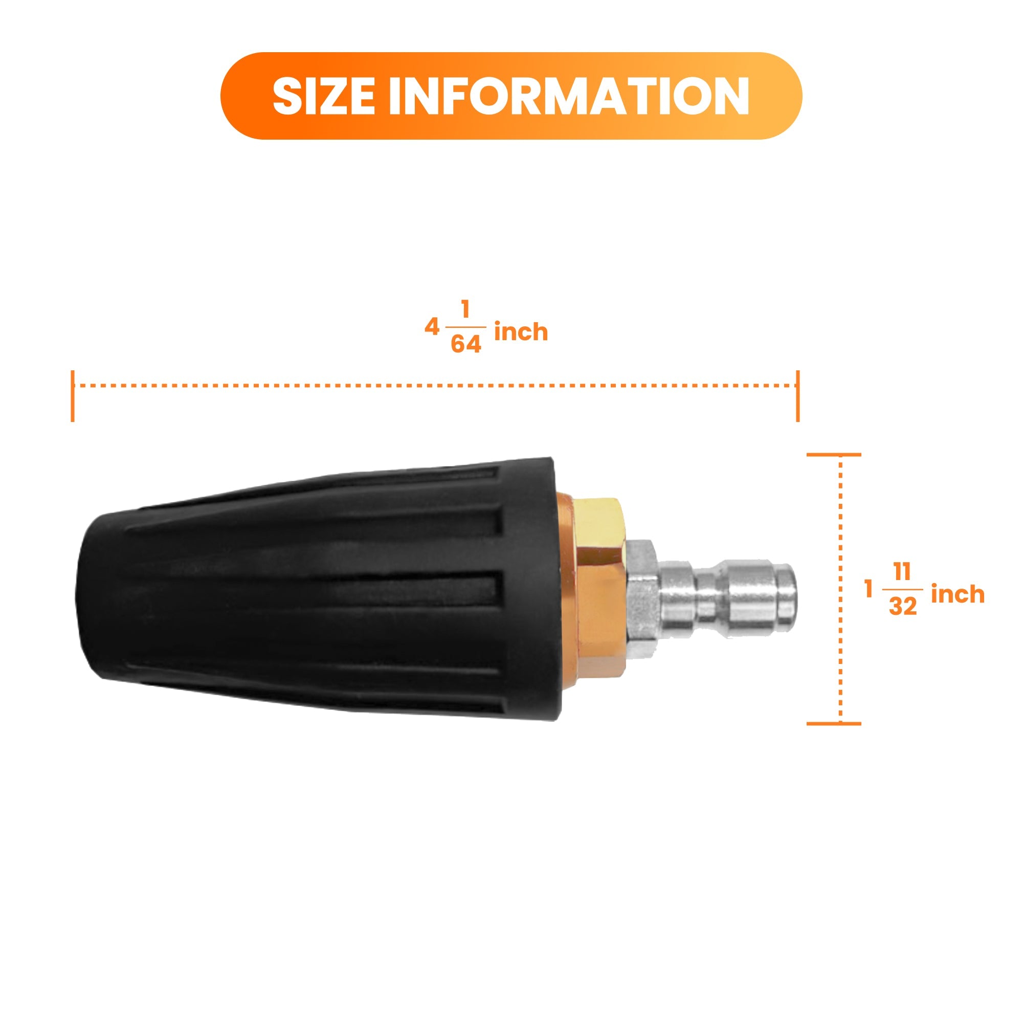 Black turbo pressure washer nozzle with brass connector insert; 1/4 quick connector.