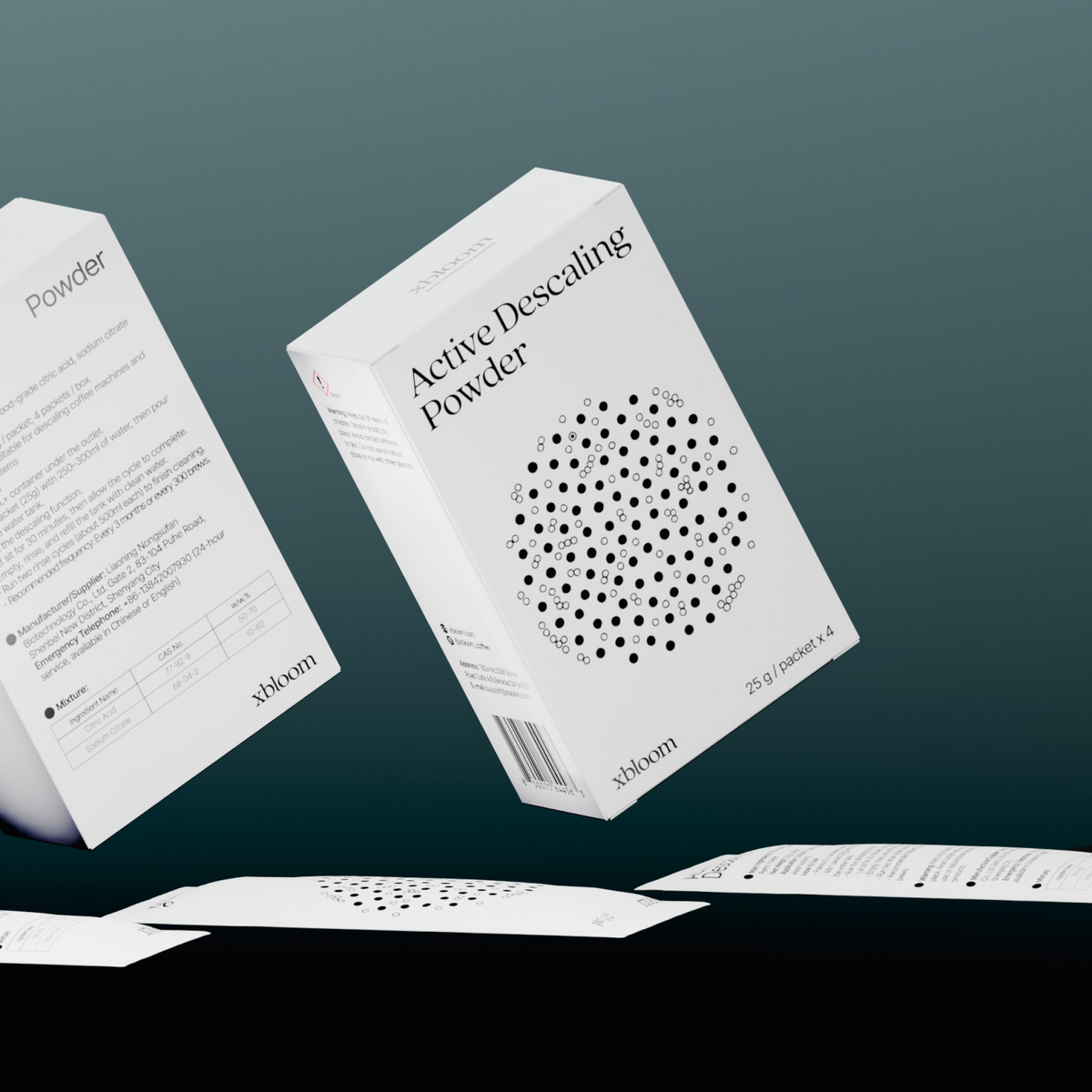 xBloom Active Descaling Powder box, angled front with droplet pattern and barcode