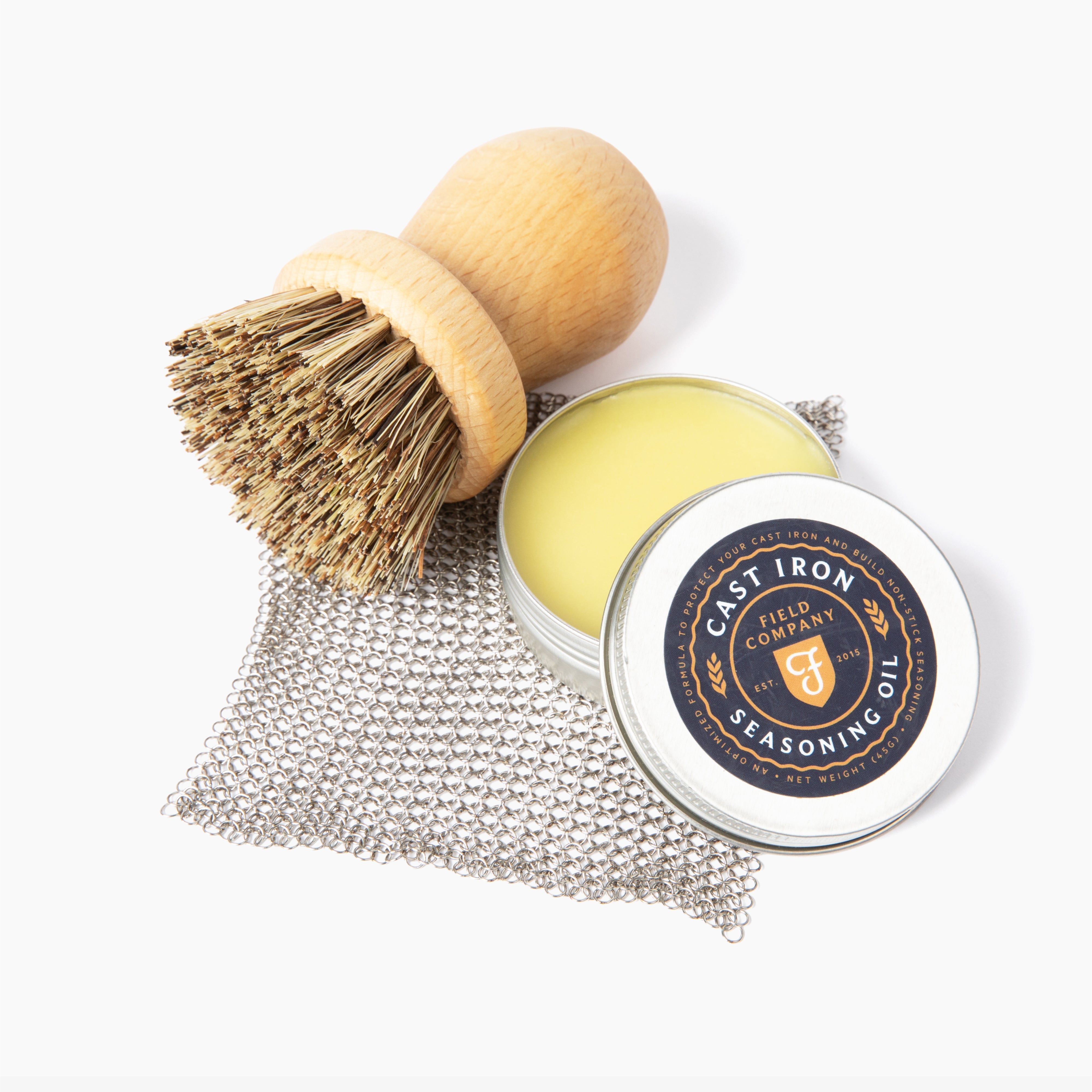 Cast iron cookware set accessory: wire scrub brush pair with seasoning tin