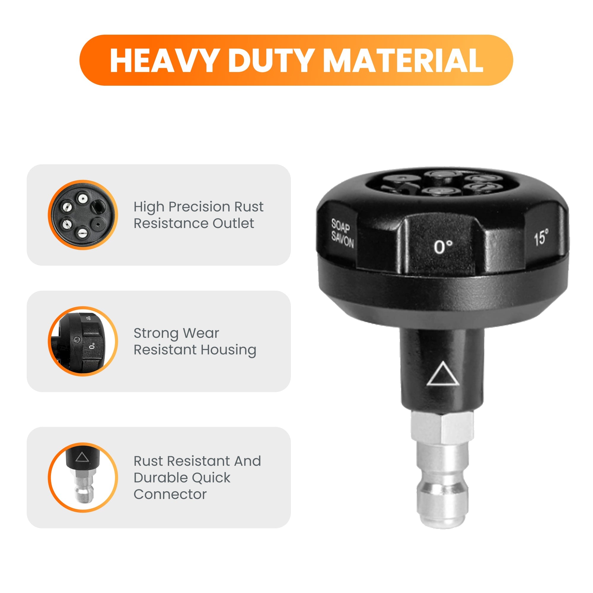 Black heavy-duty pressure washer nozzle with rust-resistant connector and 0°/15° markings.