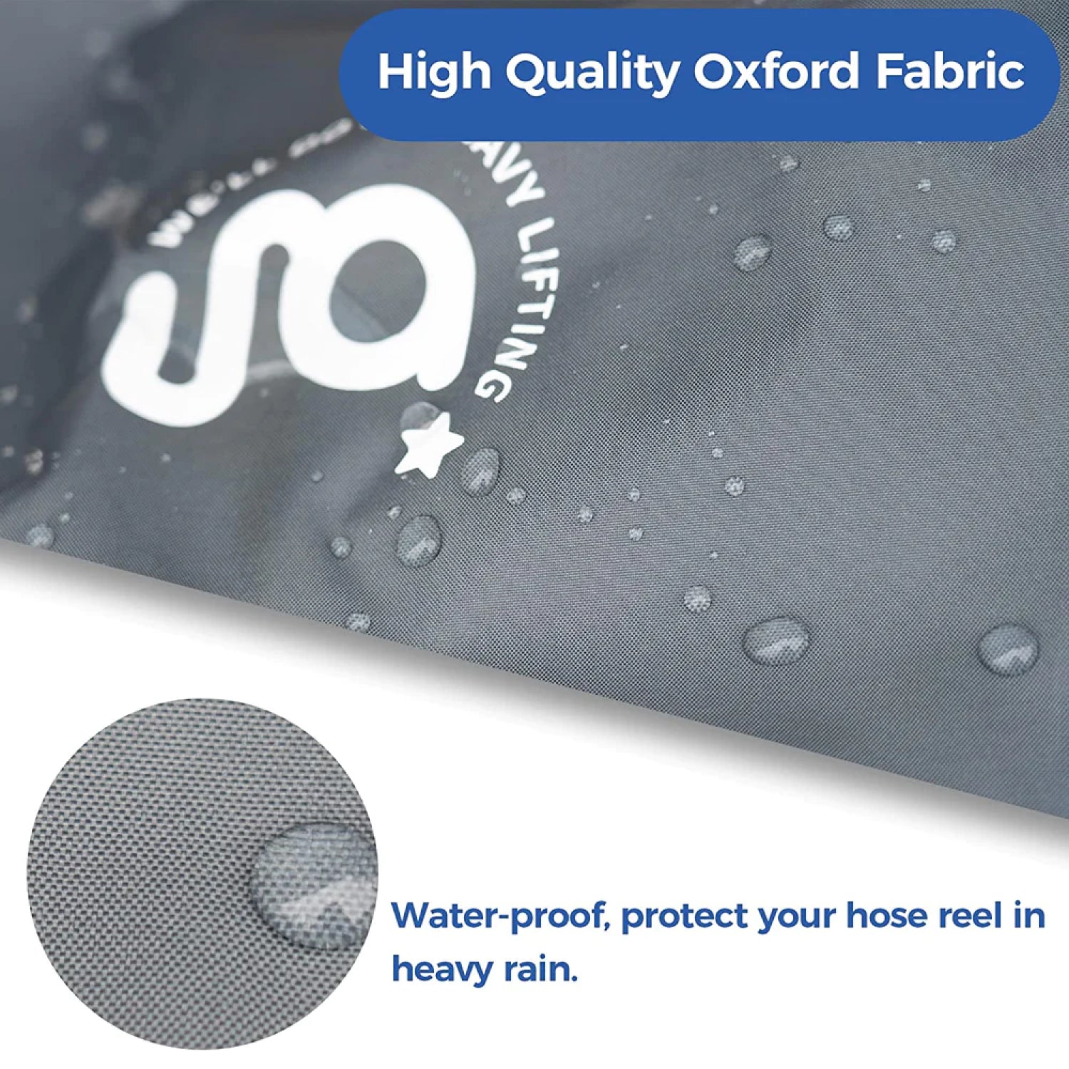 Close-up of dark gray fabric hose reel cover with water droplets