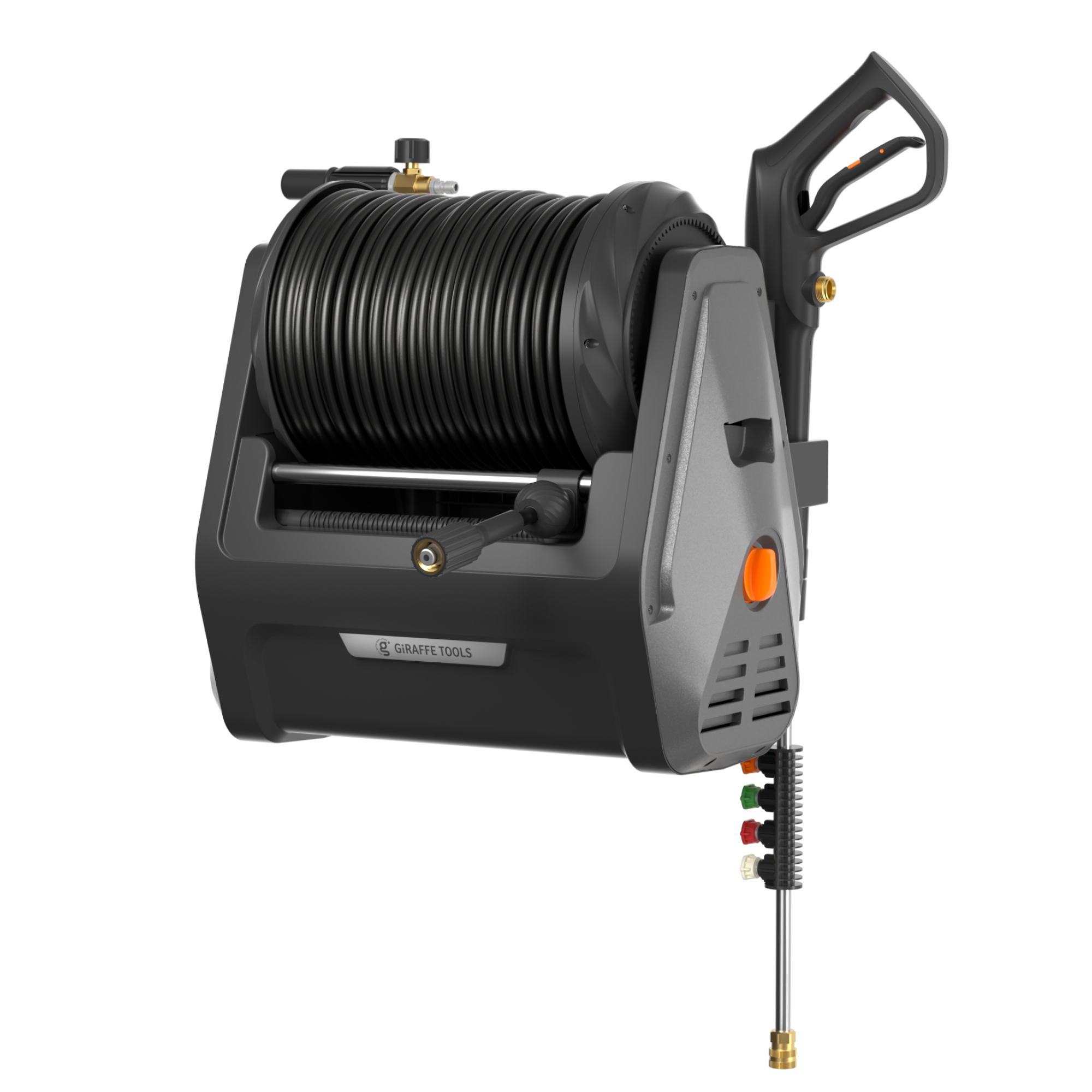 Retractable pressure washer with coiled black hose on gray and black cart base