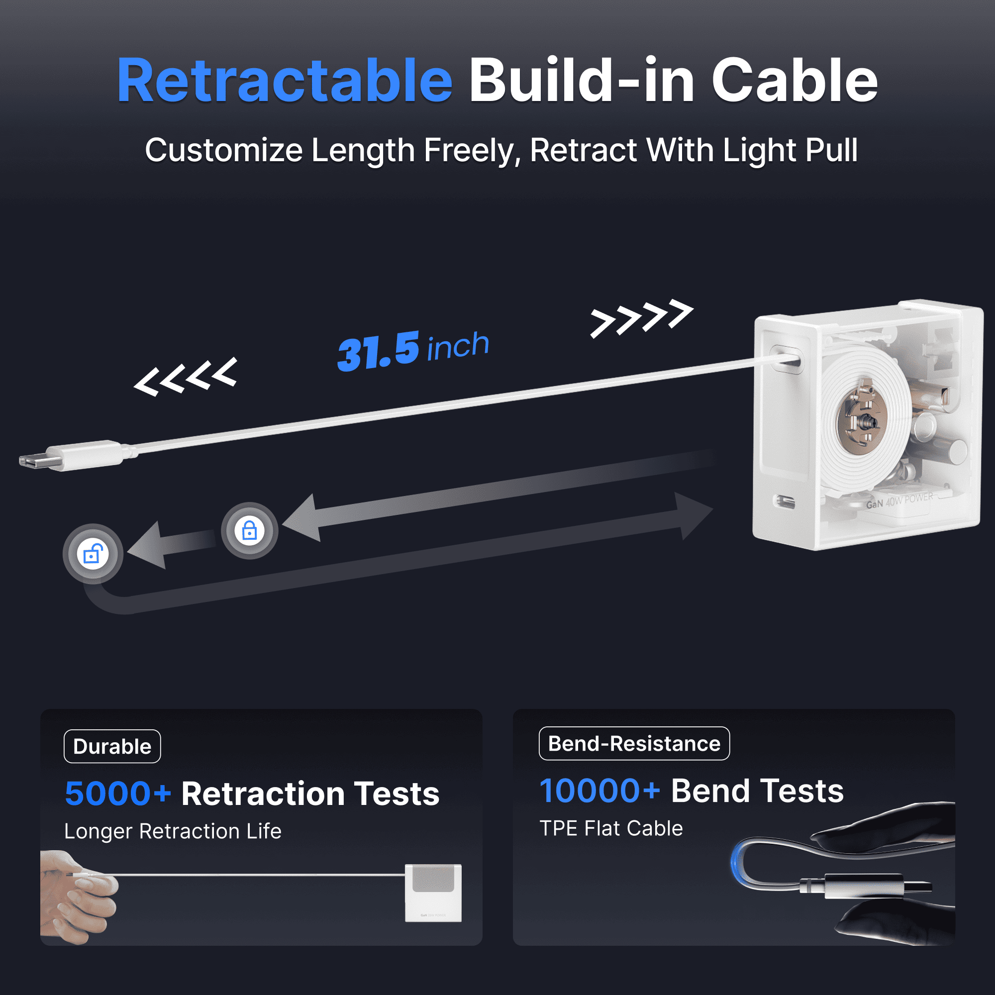Retractable wall charger with built-in cable, shown extended to about 31.5 inches
