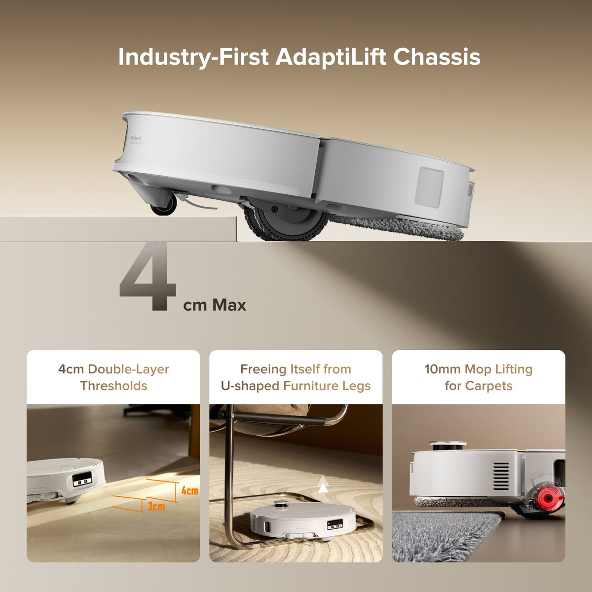 White robot vacuum side profile with front brush and low-clearance chassis
