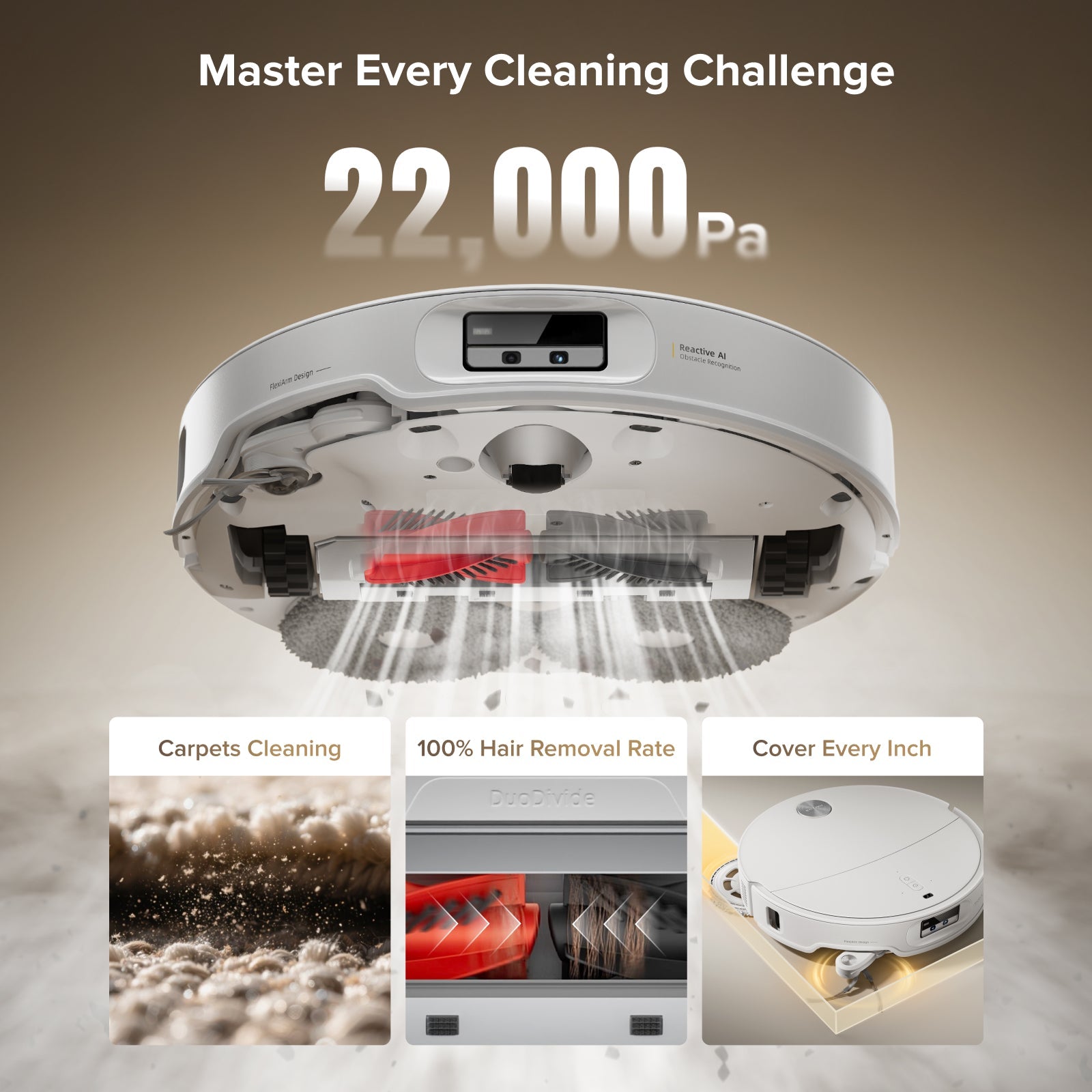 White robot vacuum underside with cleaning brushes and spinning suction fan