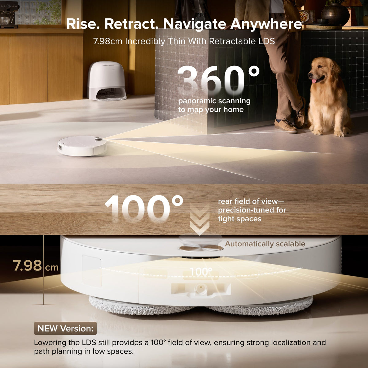 White robot vacuum navigating on a wood floor with retractable low-profile design