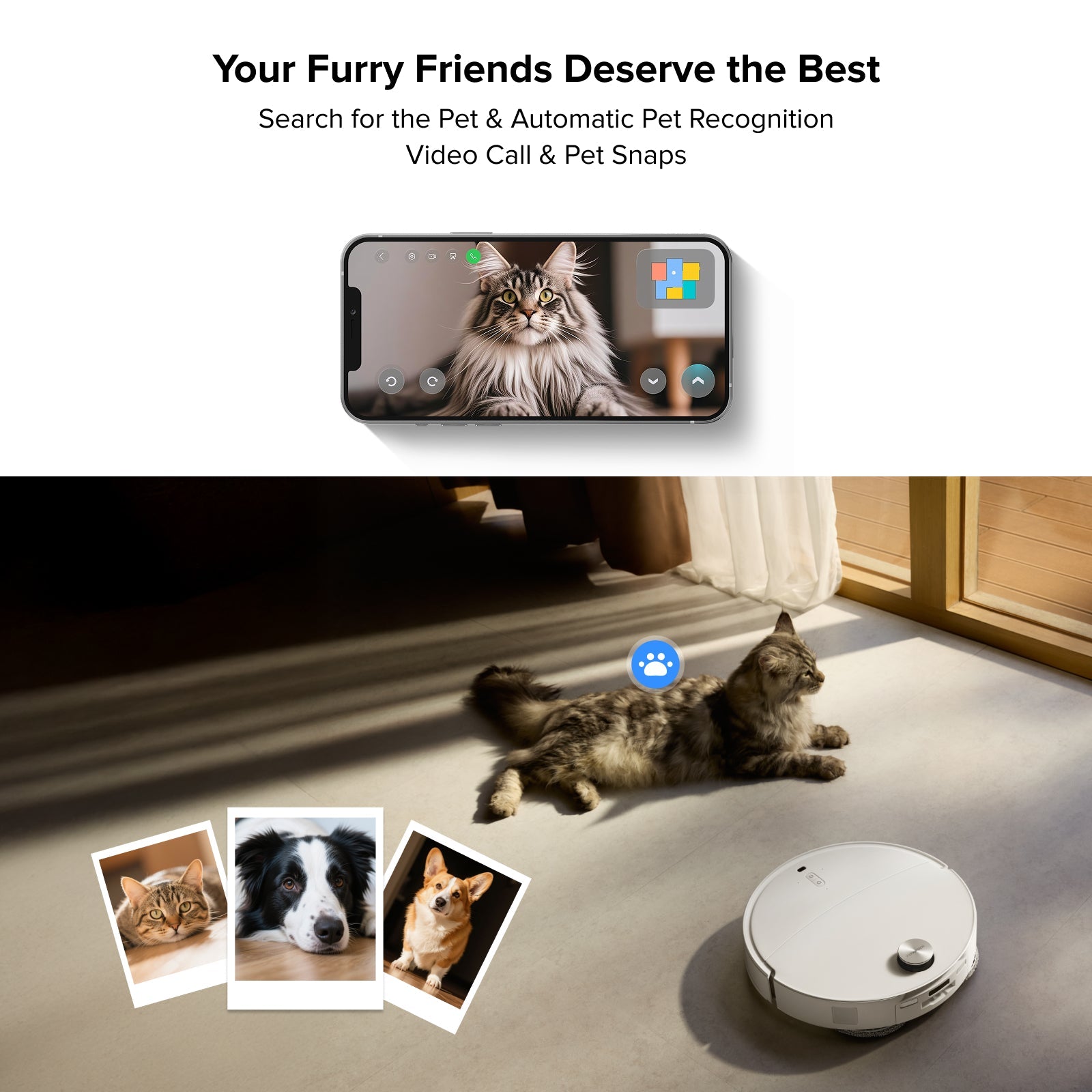 White robot vacuum with pets nearby, featuring a rounded top and front sensor bar