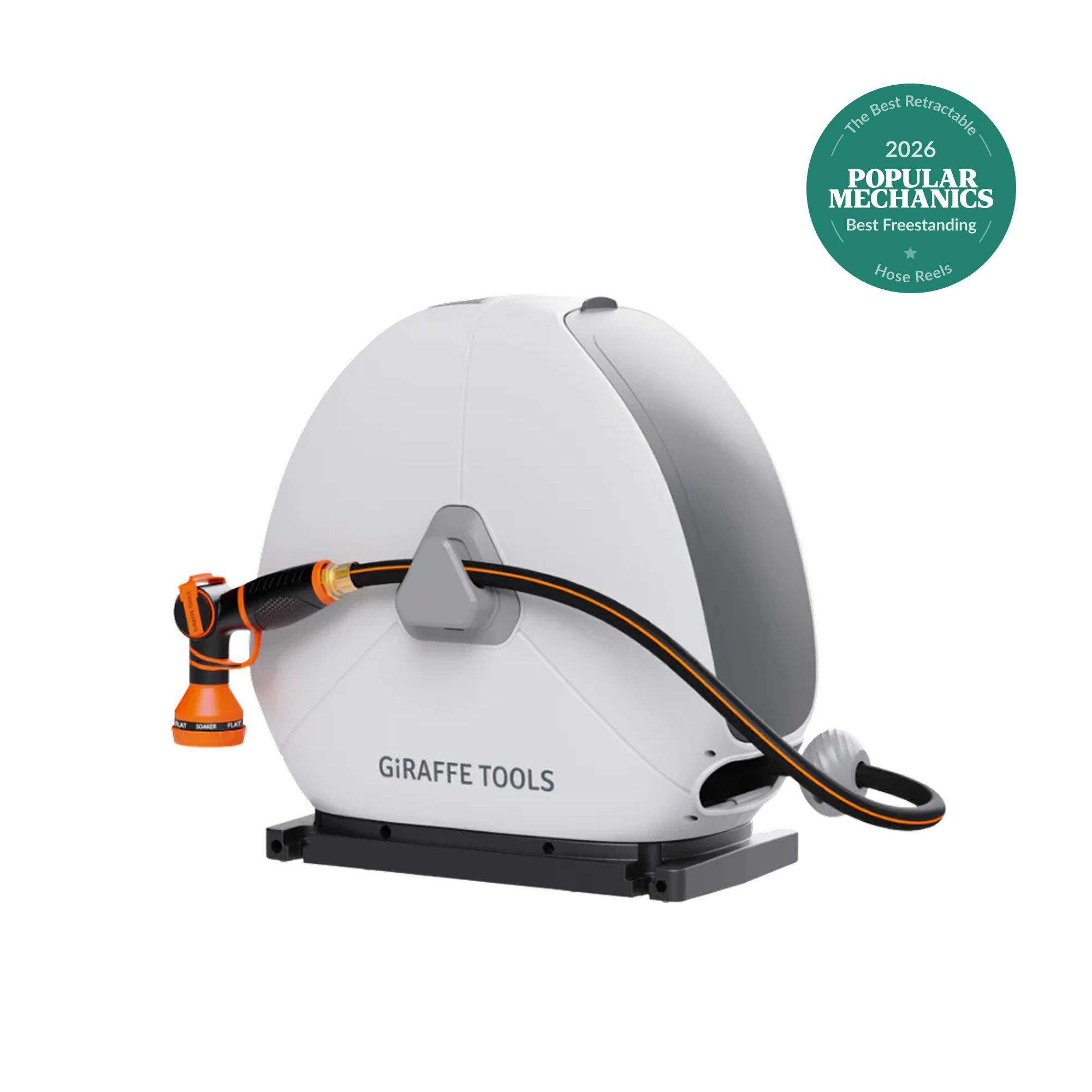Retractable hose reel base with orange garden hose nozzle, mounted on stand